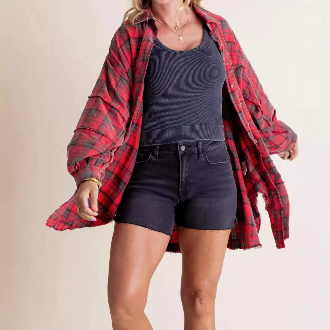 Spot 2025 года, трансграничная европейская и американская экспортная женская одежда, осенне-зимняя новая свободная клетчатая рубашка Amazon с необработанными краями и рукавами-фонариками