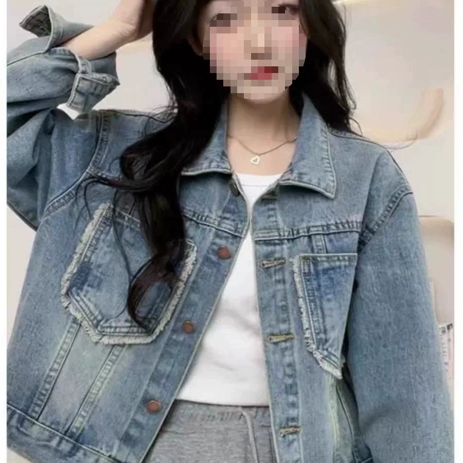 Denim autumn short retro blue jacket for leisure, oversize