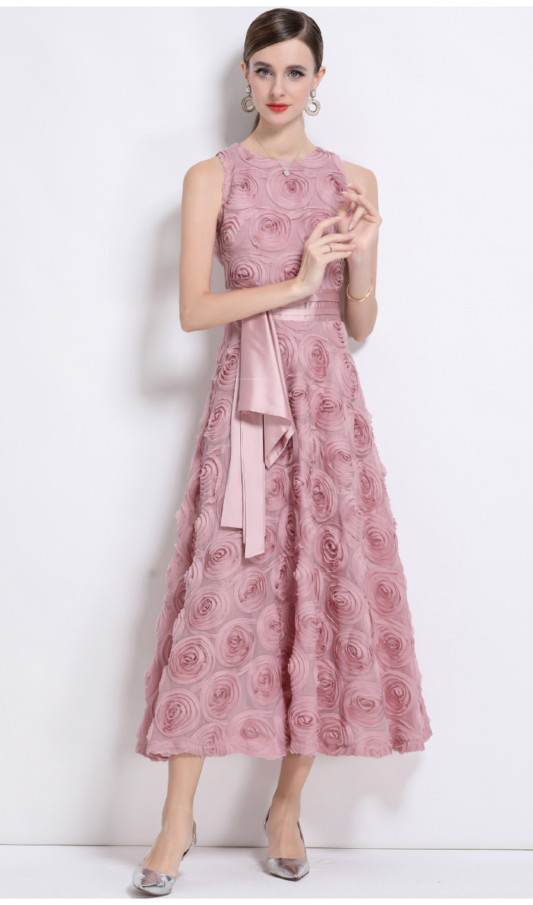 Váy maxi nữ cổ tròn không tay thắt lưng hoa nổi 3D — Màu hồng chi tiết 8