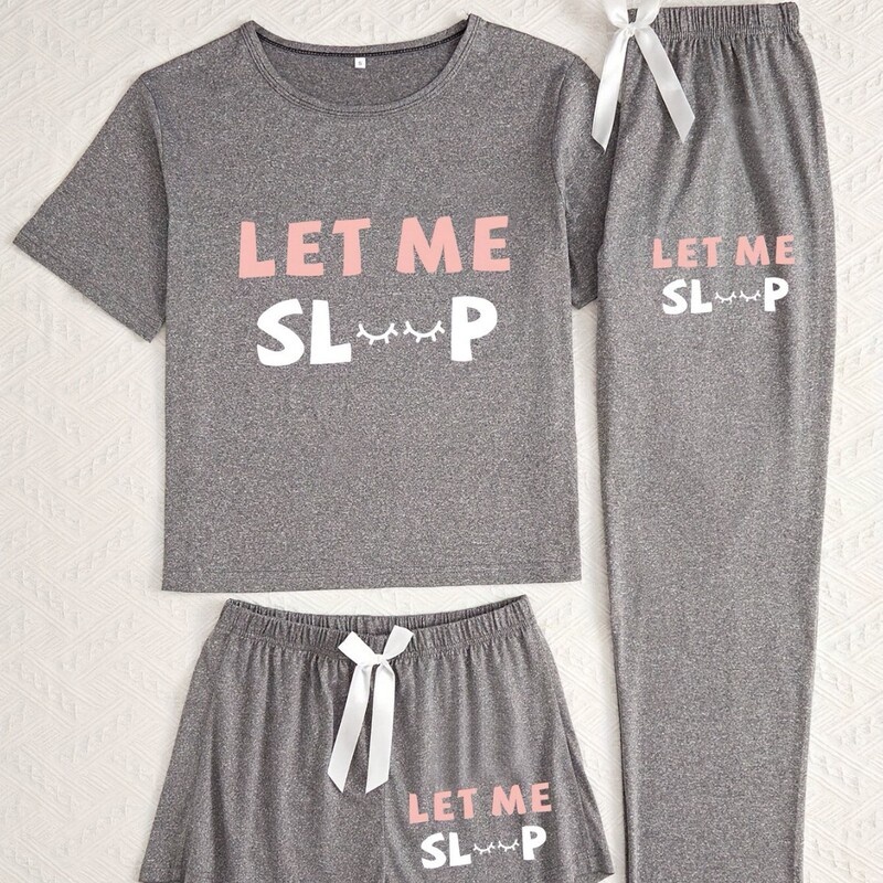 European and American Export New Women's Spring and Summer Printed Short-Sleeved Round Neck Tops Long and Short Wide-Leg Pants Home Wear Three-Piece Set