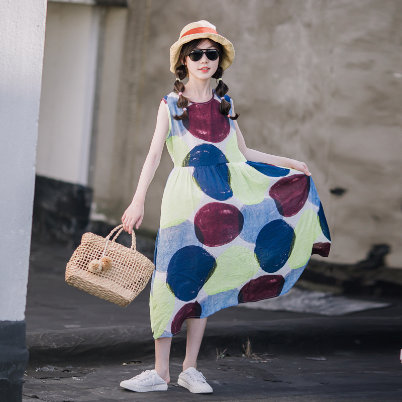 Vestido de las niñas verano fino 2023 nuevas vacaciones estilo occidental medio y grande falda de los niños niñas impreso princesa vestido