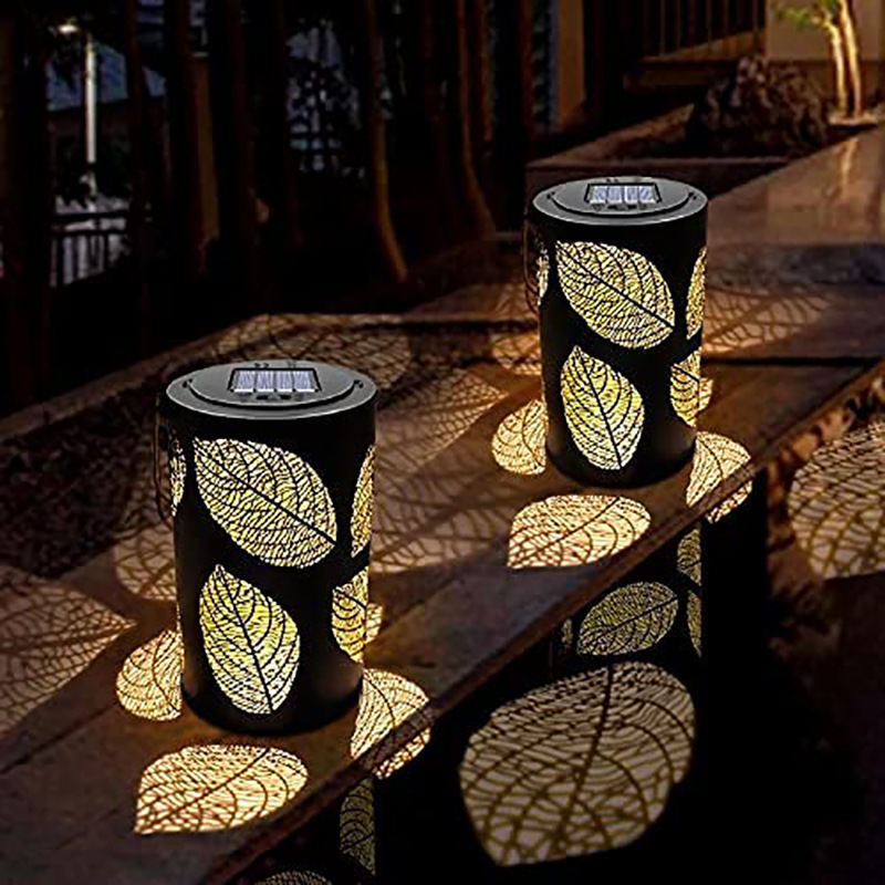 Outdoor Solar Lantern Iron Hanging Light Courtyard Decoration Cut Out Projection Garden Cylindrical Landscape Light Led