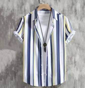 Comercio exterior transfronterizo de los hombres primavera europea y americana nueva solapa impresa en 3D manga corta a rayas retro camisa casual hombres al por mayor