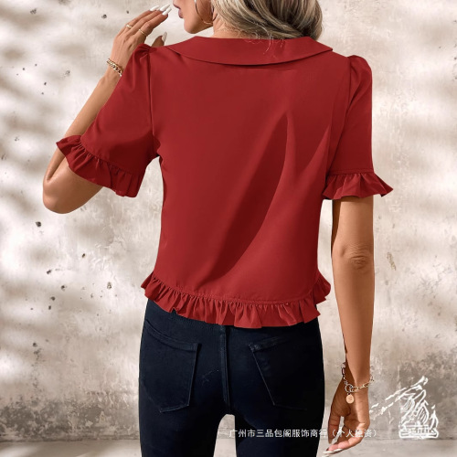 Ladies' Summer Short-Sleeve Casual Shirt Red Round Neck with Lotus Edge Cuff Button Top