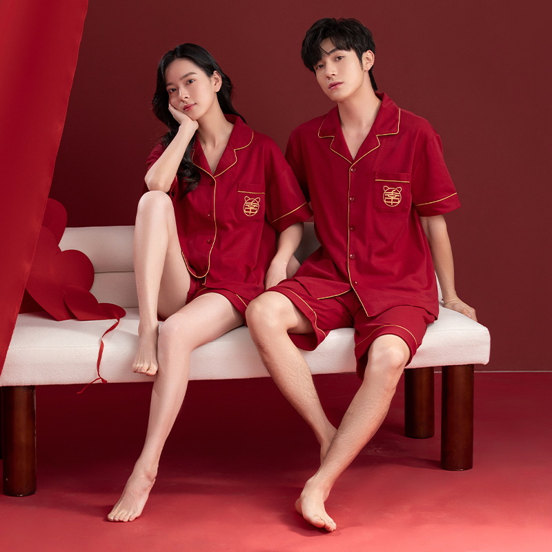 [7A antibacteriano] Conjunto de pijama de pareja de boda rojo verano algodón fino pantalones cortos de manga corta traje de servicio a domicilio