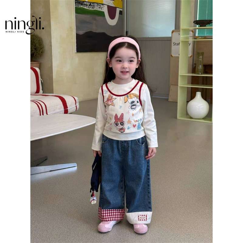 Ningli Children's Clothing 25 Autumn New Style Girls' Korean Version Cartoon Graffiti Fake Two-Piece T-Shirt Plaid Straight-Leg Jeans Ningli Children's Clothing 25 Autumn New Style Girls' Korean Version Cartoon Graffiti Fake Two-Piece T-Shirt Plaid Straight-Leg Jeans