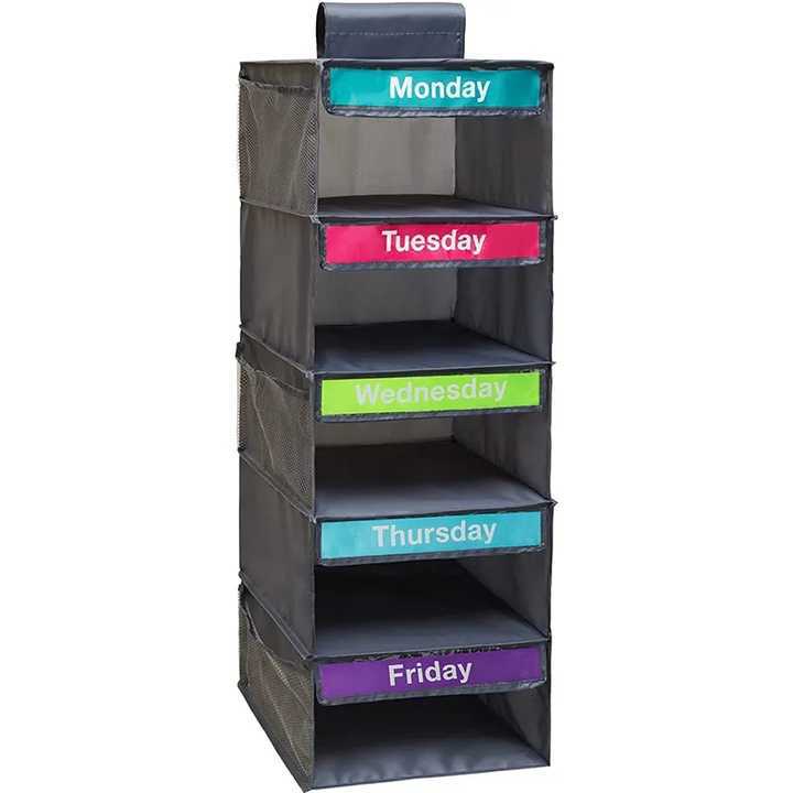 Collado semanal de ropa para niños transfronterizos, bolsa colgante de almacenamiento de cinco capas con etiqueta de cinta, acabado de armario de lunes a viernes