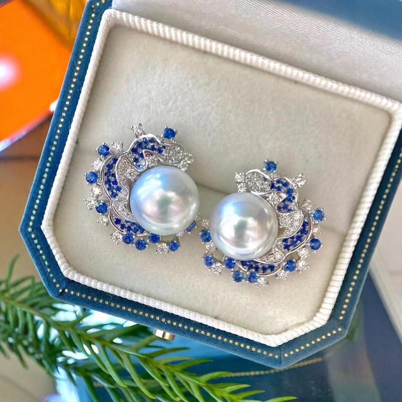 New DIY Pearl Accessories Crushed Ice Blue Rose Starry All-Over S925 Sterling Silver Round Bead Earrings Semi-Finished Product