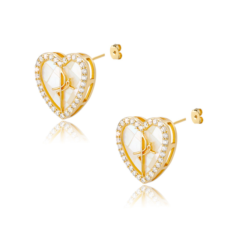 Korean Fashion Simple Heart-shaped Inlaid Zircon Copper Earrings display picture 5