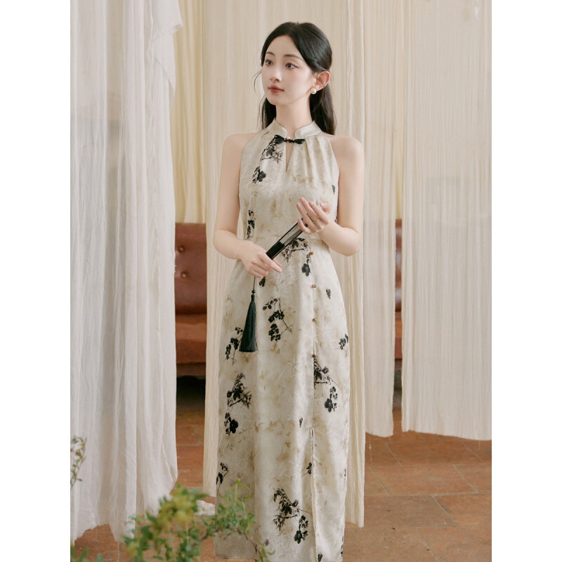Real Shot of National Style Stand-Up Collar Imitation Satin Jacquard Halterneck Dress + Cardigan Outer 2025 Spring and Summer Long Skirt Two-Piece Set
