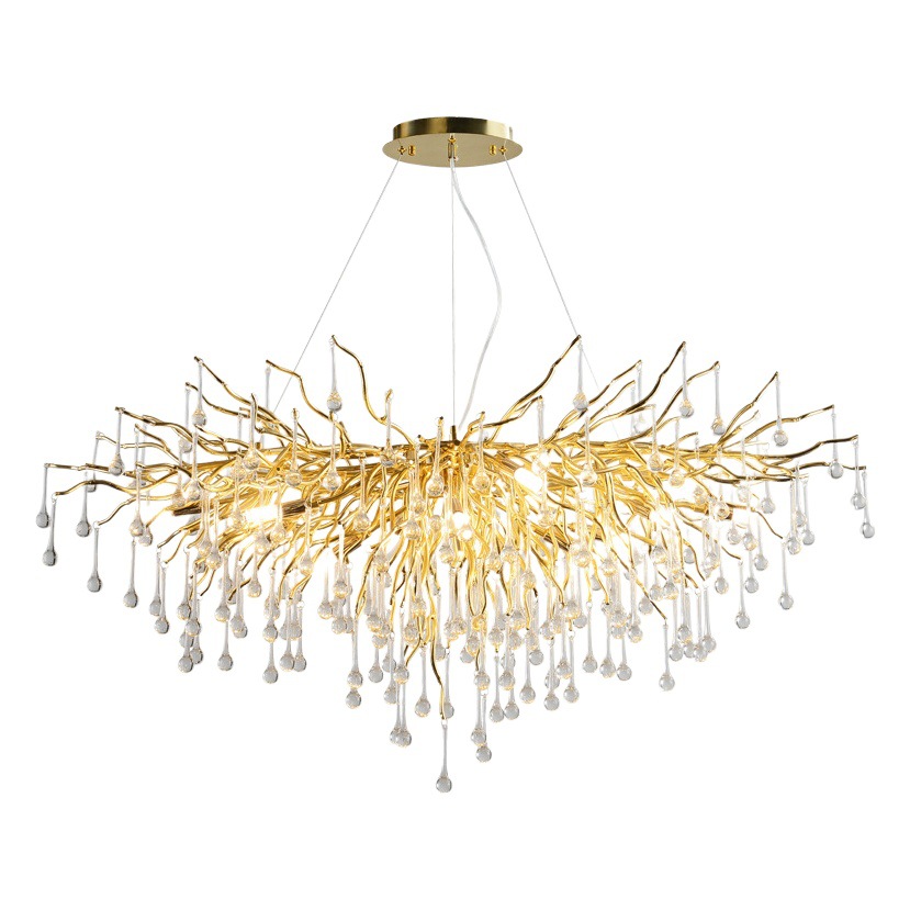 Araña de cristal de lujo ligero francés, restaurante, lámpara de rama de gota de agua posmoderna, sala de estar de villa, araña de aluminio de lujo