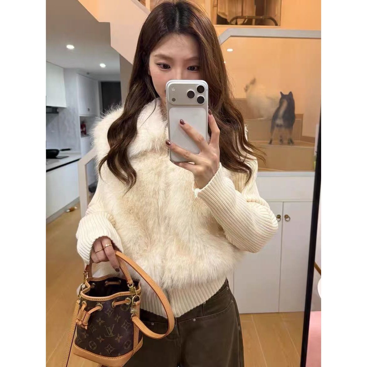 Real Price #Faux Mink + Cashmere# Faux Two-Piece Sweater Cardigan with Fur Collar for Women, Autumn and Winter Elegant Knitted Cardigan