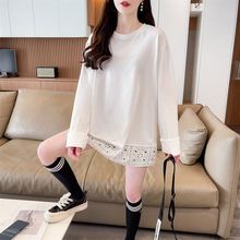 白色蕾丝拼接长袖A字裙摆上衣女春秋2025新款大码遮肚子T恤打底衫