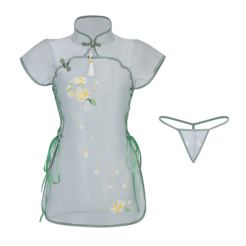 Manyan sexy lingerie sexy see-through plate stand collar high waist tie slit cheongsam uniform suit 8957