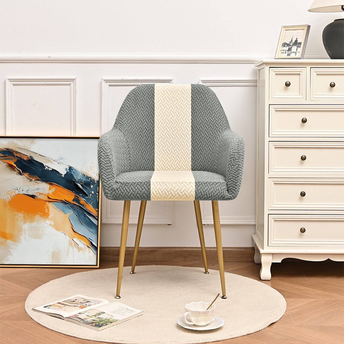 Elástico transfronterizo jacquard T-striped color nuevo cubierta de silla curva a prueba de polvo alto reposabrazos de forma especial cubierta de silla de comedor de hotel