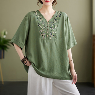 Artistic Retro Ethnic Style Embroidered Top Women's 2025 Summer New Loose Casual plus size Pastoral Shirt Collar