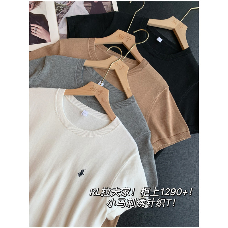 RL Laff's house! 1290 on the cabinet! Pony embroidery knit T! Women's Cotton Top Shoulder Short-sleeved T-shirt