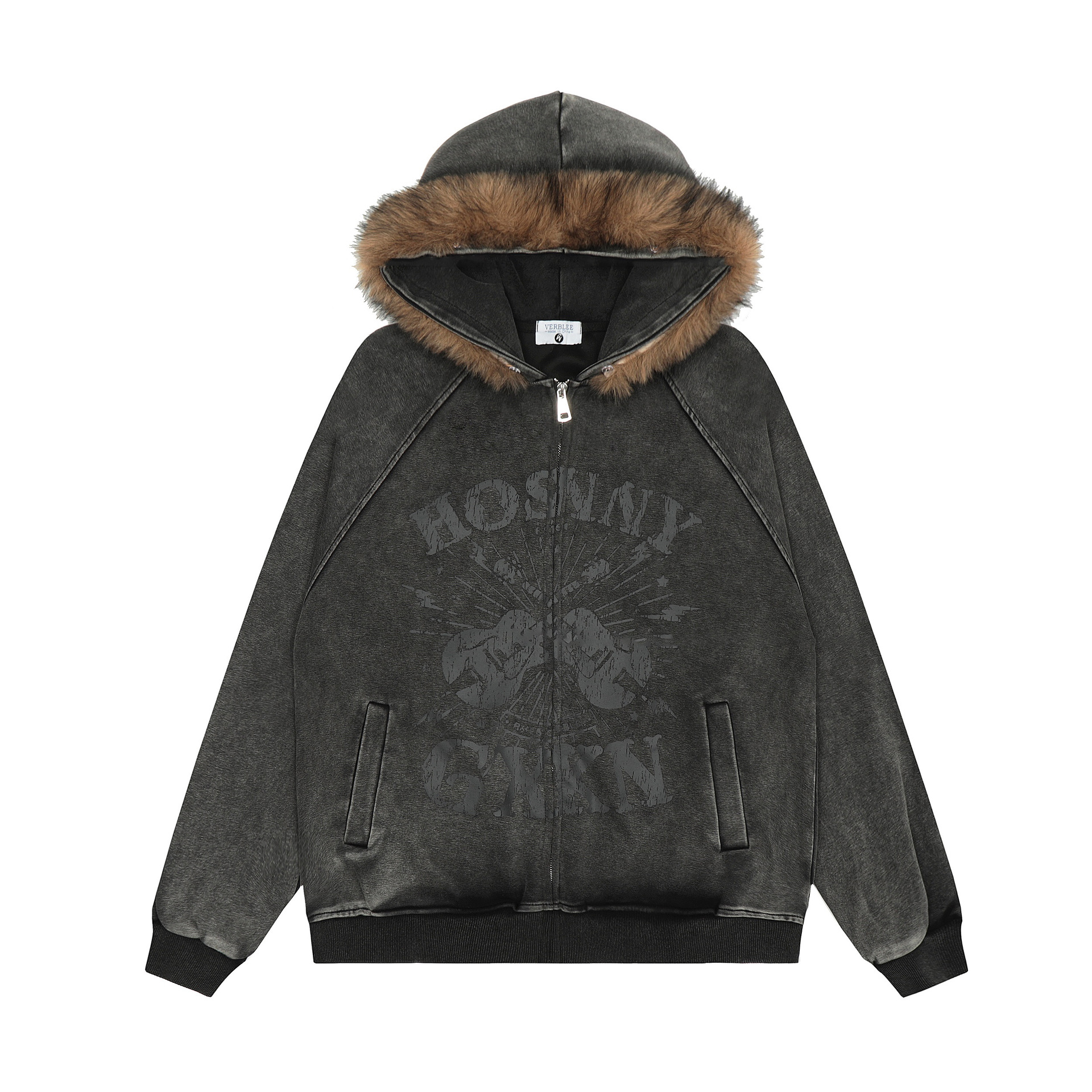 Unisex guitar graphic fur-trim zip-up hoodie detail 6