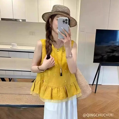 夏の新しいファッション気質ヘビービーズラウンドネックノースリーブTシャツシャツ女性のニッチデザインベストトップ
