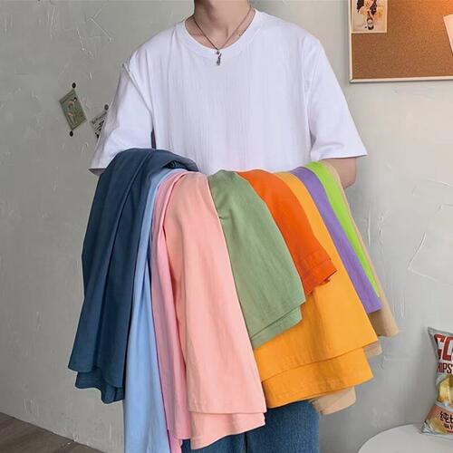 Candy color short-sleeved T-shirt men's summer Korean trend loose casual bottoming shirt pure color all-matching five-quarter sleeve T-shirt
