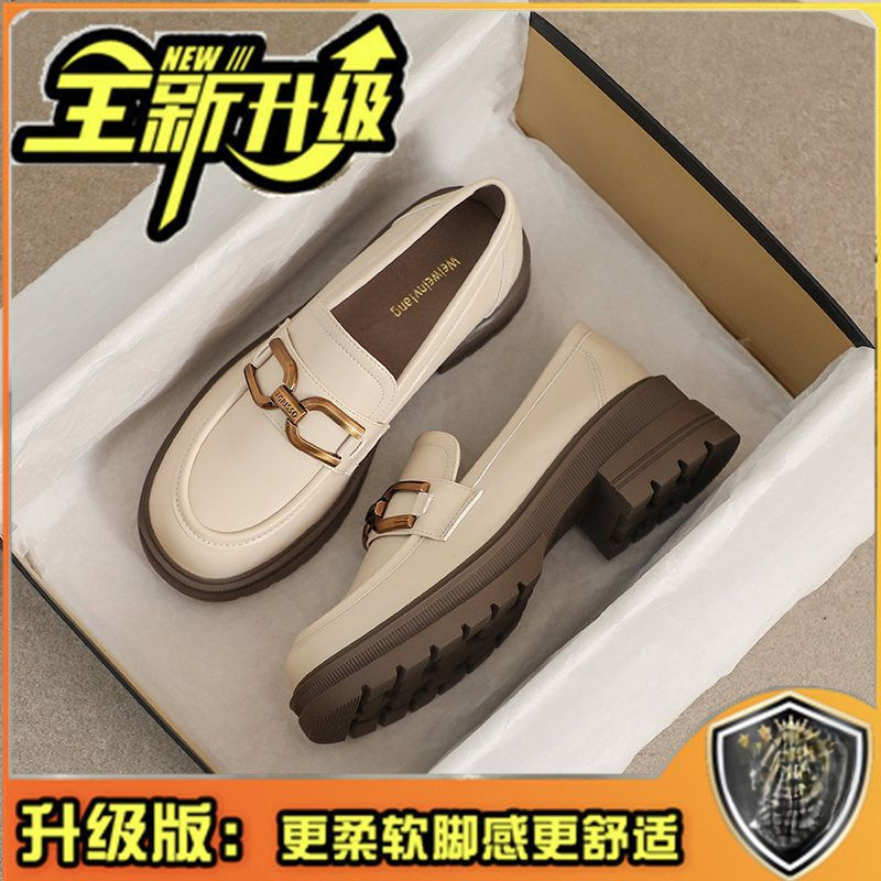 厚底乐福鞋女2025春秋新款一脚蹬复古英伦风小皮鞋软底中跟单鞋女|undefined