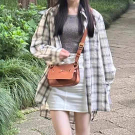 格子衬衫女设计感小众宽松百搭休闲慵懒风中长款衬衣