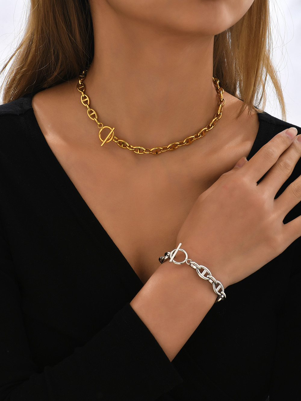 Fashion Solid Color Stainless Steel Plating Bracelets Necklace 1 Piece