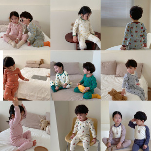 Spring and Autumn Korean Style Pure Cotton Children's Pajamas Children's Cartoon Casual Home Clothes Set Men's and Women's Base Baby Underwear