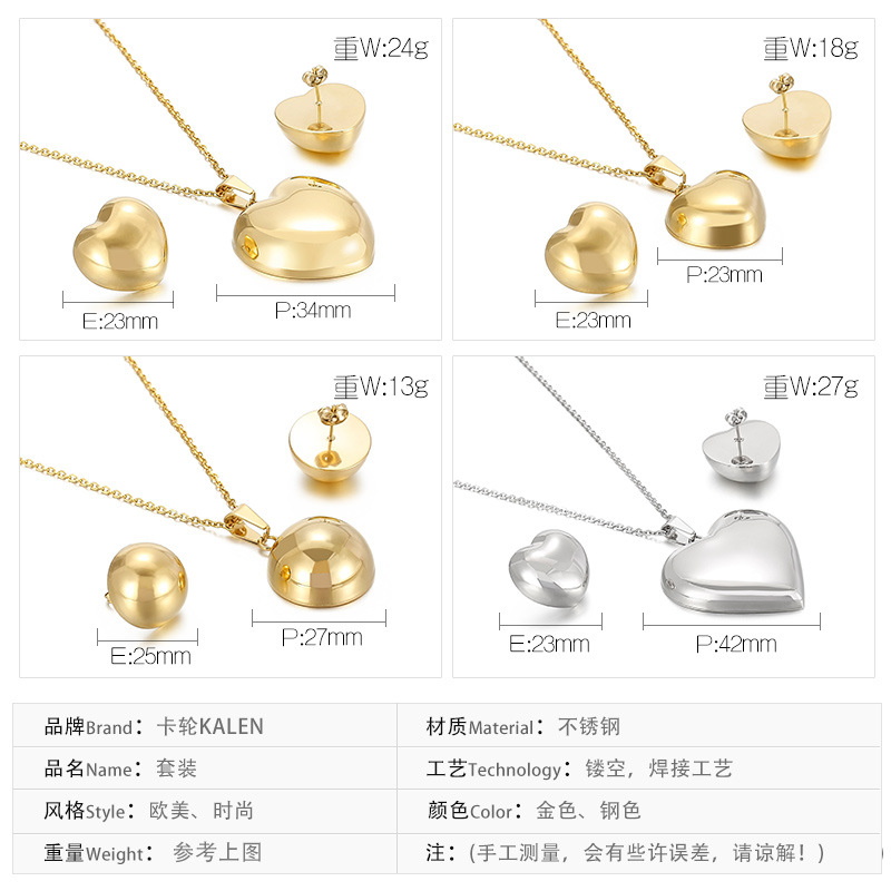 European and American Heart Necklace Semicircle Earrings Electroplating Rhinestone Stainless Steel J