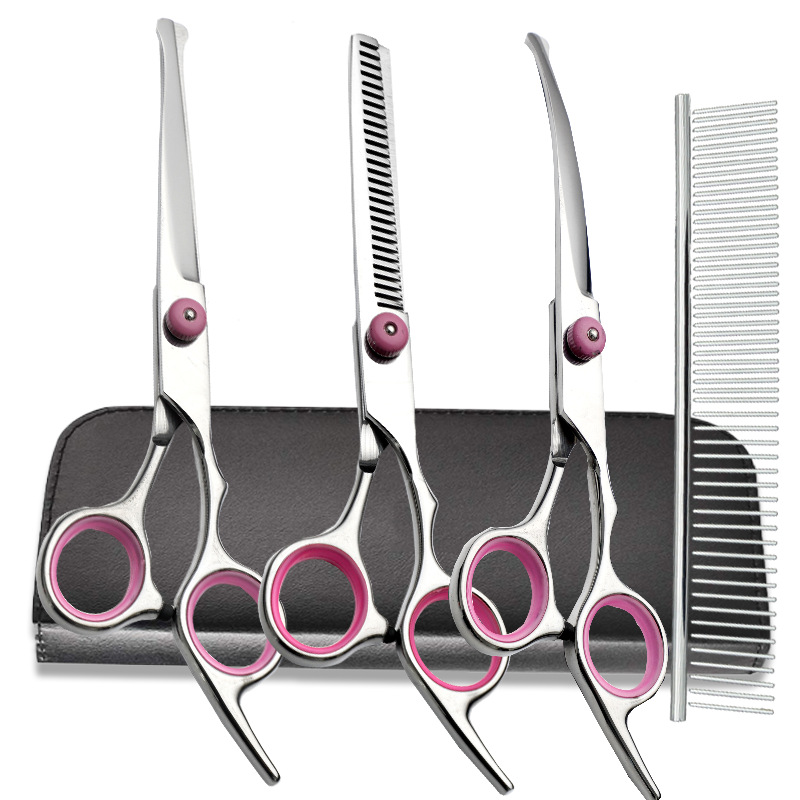 Venta directa transfronteriza tijeras de belleza para mascotas tijeras de corte de pelo de perro tijeras curvadas tijeras de corte de pelo de mascota profesional tijeras de dientes finos traje