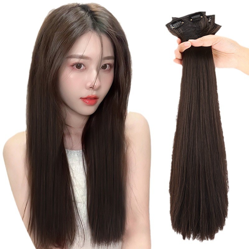Peluca pieza de pelo largo de las mujeres de una sola pieza invisible sin costuras de simulación de pelo esponjoso de tres piezas de pelo liso aumento de volumen de cabello parche de extensión de cabello