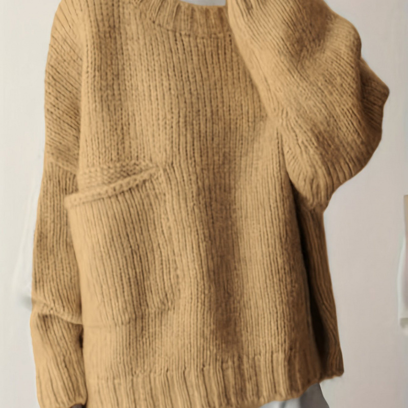 Plus Size Solid Pocket Crew Neck Sweater Casual Long Sle跨境|undefined