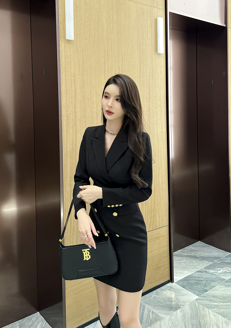 Đầm blazer nữ công sở kiểu dáng thời trang Pháp, tay dài, cổ ve — Màu đen chi tiết 11