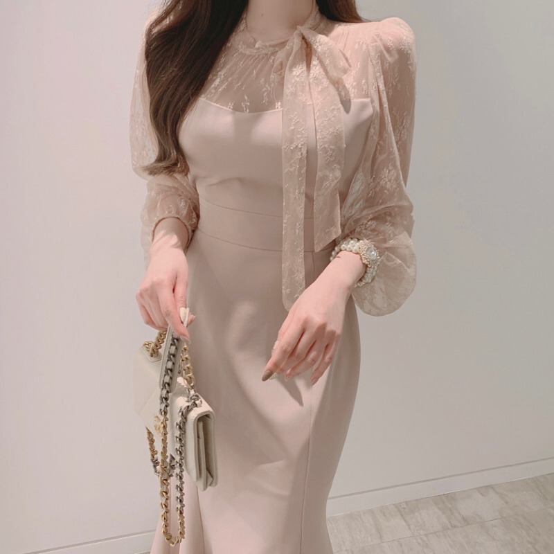 Korean Style Chic French Style Gentle Elegant Ribbon Mesh Stitching Waist Slimming Look Hip-Hugging Fishtail Dress Women's Long Skirt Korean Style Chic French Style Gentle Elegant Ribbon Mesh Stitching Waist Slimming Look Hip-Hugging Fishtail Dress Women's Long Skirt