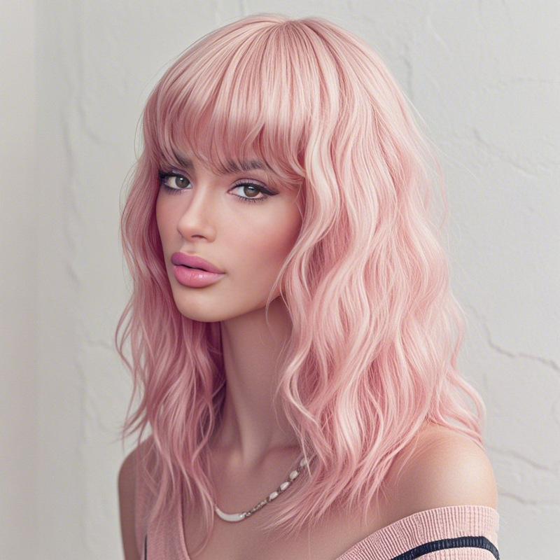 European and American foreign trade cross-border wig women shoulder-length hair curly hair African ladies small roll water ripple neat bangs wholesale