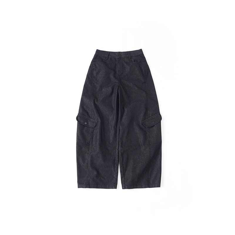 Black Denim Light Workwear Curved Cut Jeans Loose Fit Large Pockets Snap Button Wide Leg Pants for Women # 5578Y Black Denim Light Workwear Curved Cut Jeans Loose Fit Large Pockets Snap Button Wide Leg Pants for Women # 5578Y