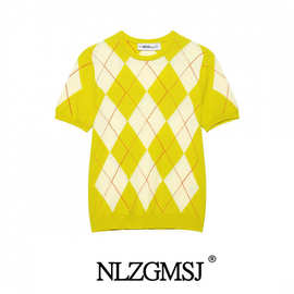 2025春季新款女装 欧美风时尚简约菱形纹针织上衣 9598070