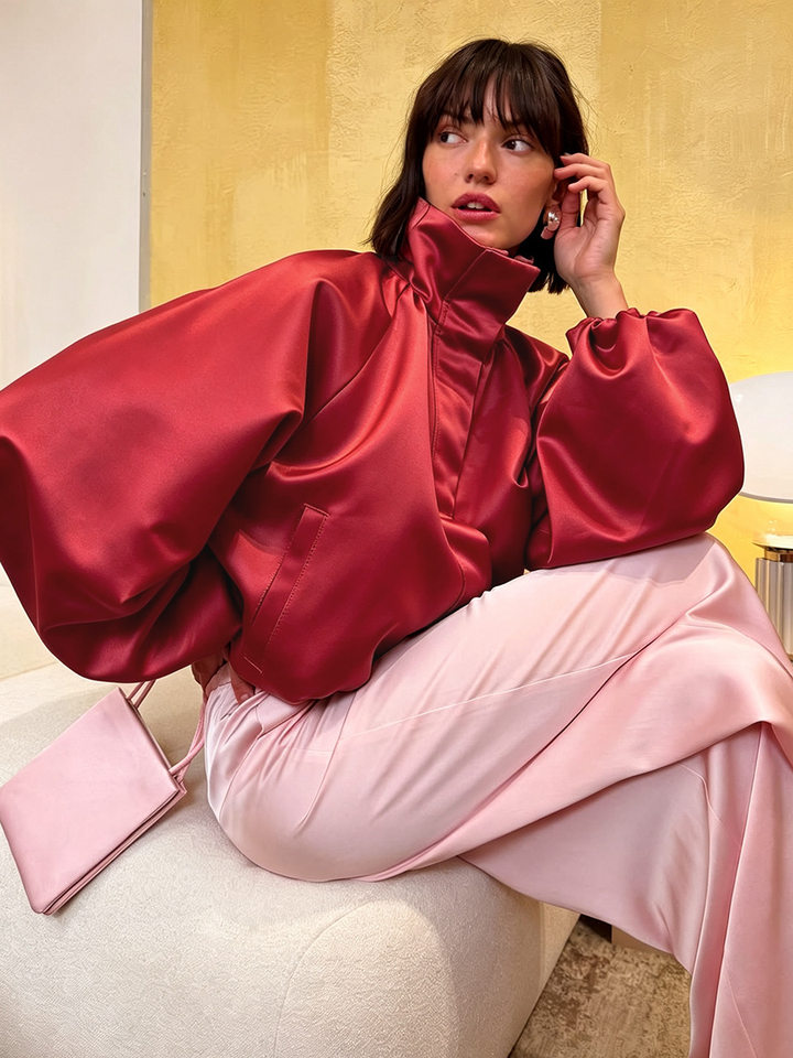 Áo khoác jacket satin cổ đứng tay hoa tulip dáng rộng — Màu hồng, Màu xanh dương, màu đỏ chi tiết 17