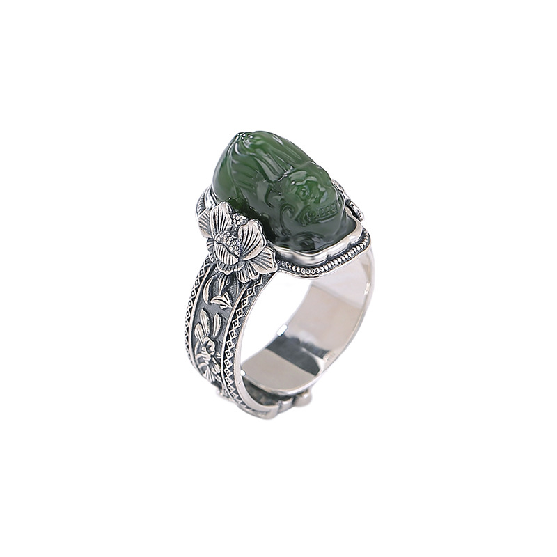 Nhẫn bạc S925 đính ngọc Hetian Jasper hình Pixiu phong cách Trung Hoa retro, hoa sen mở điều chỉnh — một mảnh