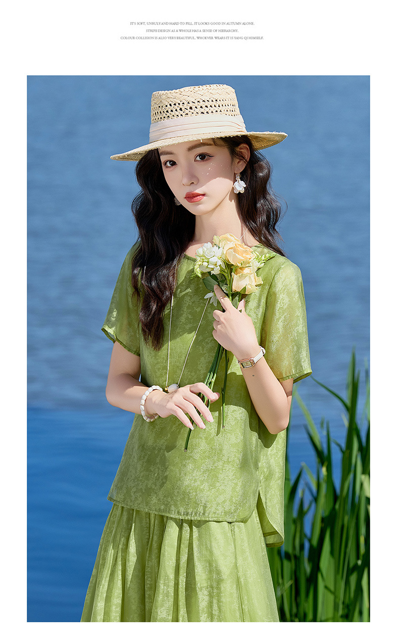 Bộ quần áo hai mảnh sơ mi hoa văn nổi quần ống rộng phong cách Trung Quốc mới — Xanh lá cây nhạtcolor, màu trắng chi tiết 18