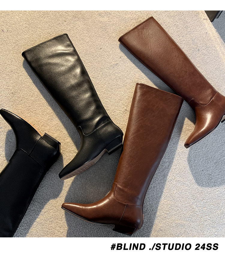 Boot nữ da thật ống rộng mũi vuông cổ cao đến đầu gối gót thấp — màu nâu, đen chi tiết 23