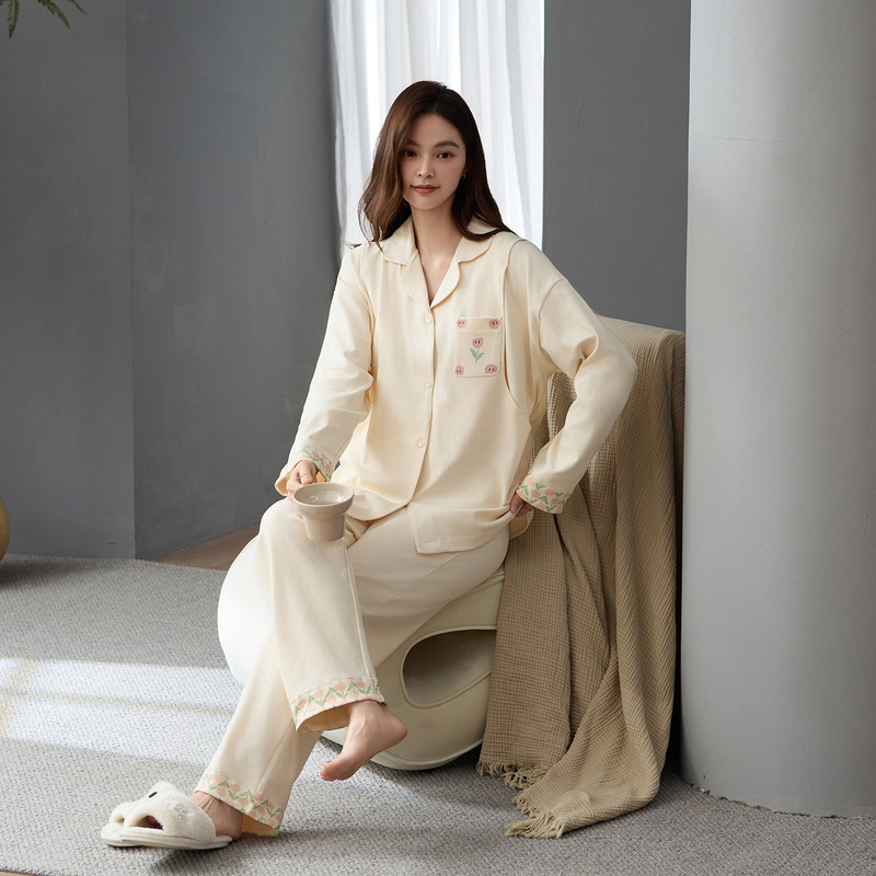 Postpartum Clothing Autumn and Winter Pure Cotton Women's Pajamas Long-Sleeved Nursing Set Large Size Adjustable Maternity Postpartum Spring and Autumn Home Wear