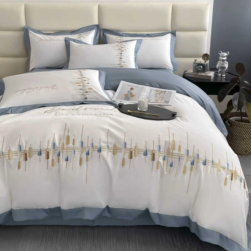 Современный модный хлопковый комплект простыня оптом стиль light luxury с вышивкой простого и элегантного дизайна комплект из 4 предметов