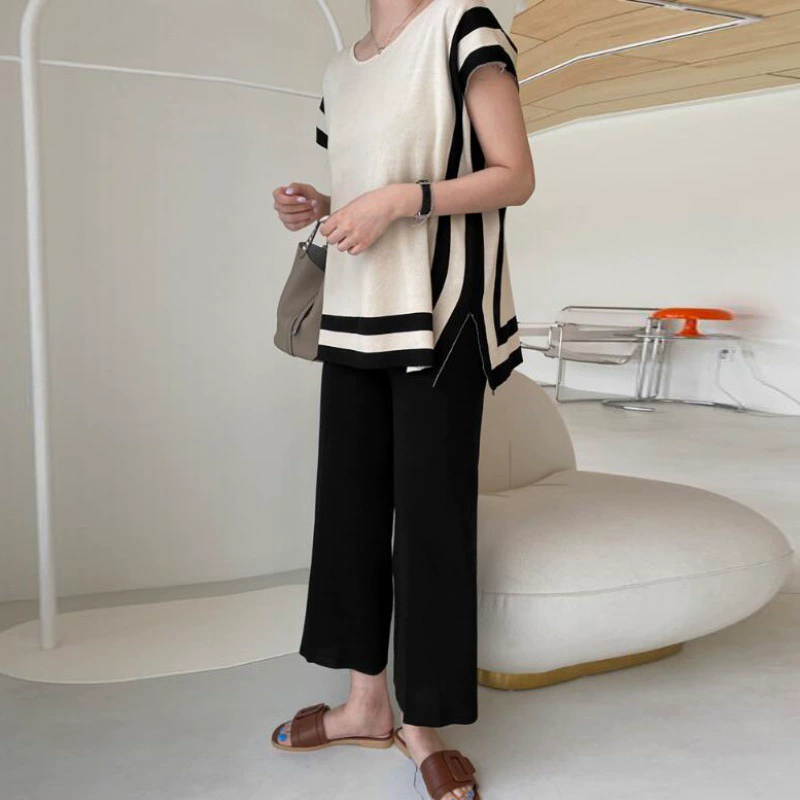 Корейская летняя трикотажная рубашка без рукавов, маленький широкий брючный костюм с девятью точками, комплект из двух предметов из тонкого ледяного шелка