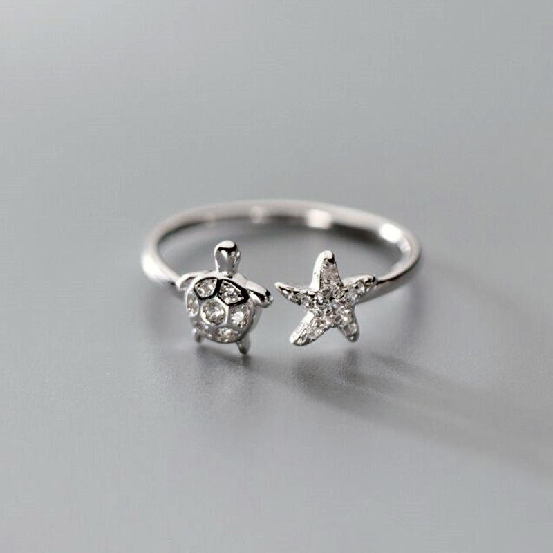 Tortoise, Star Pattern Women's Gender Cute Tortoise Star Copper Inlay Zircon Silver Plated Open Rings