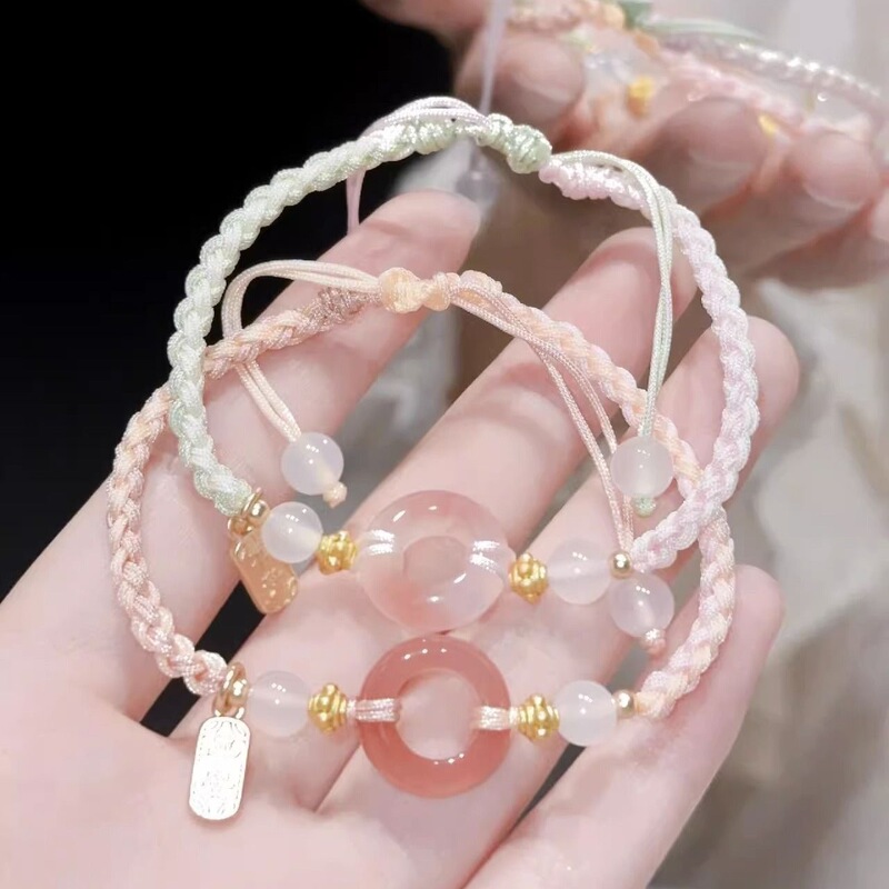 Peach blossom pink safety buckle bracelet girl's heart color matching high-looking peace happy handmade braided rope bracelet