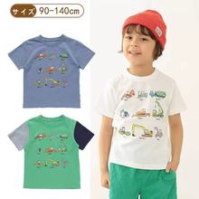 出口日本卡通工程车儿童半袖男童夏季卡通撞色大吊车纯棉薄款短袖