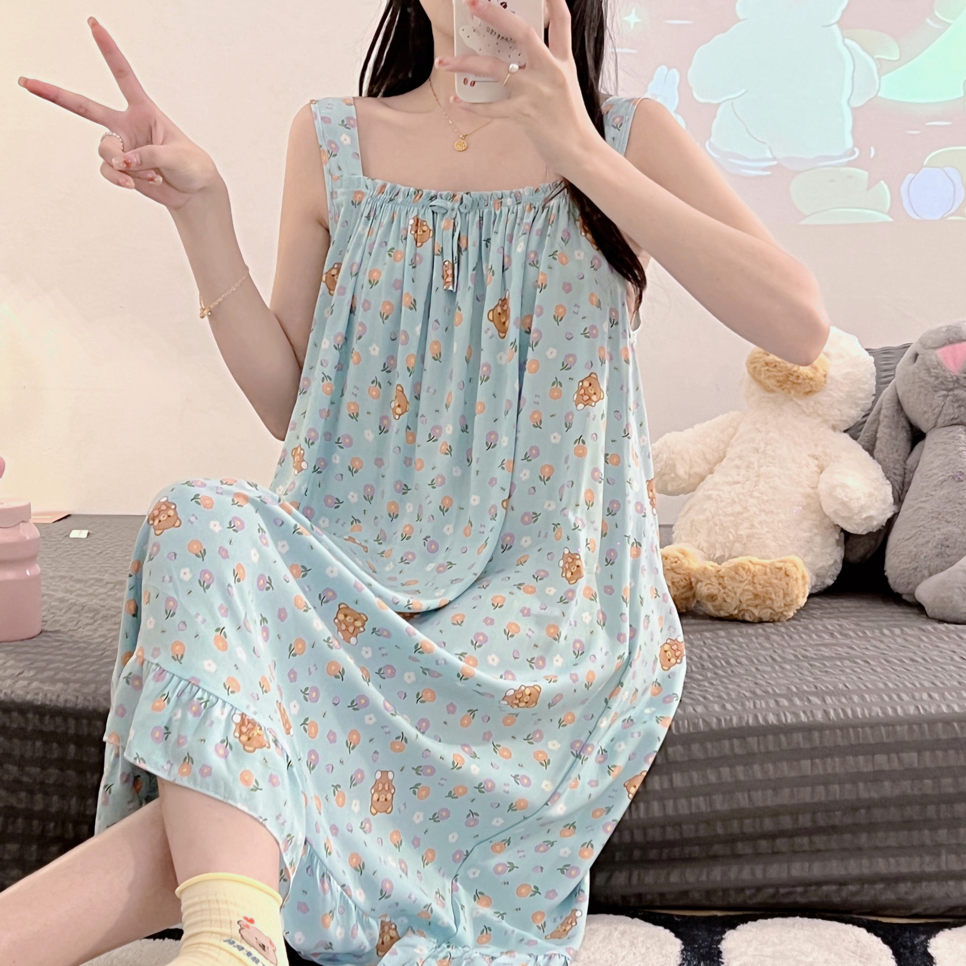 Camisón de seda de algodón de verano para mujer Pijamas dulces lindos puro deseo ins estilo delgado sexy vestido de Honda de seda de algodón artificial