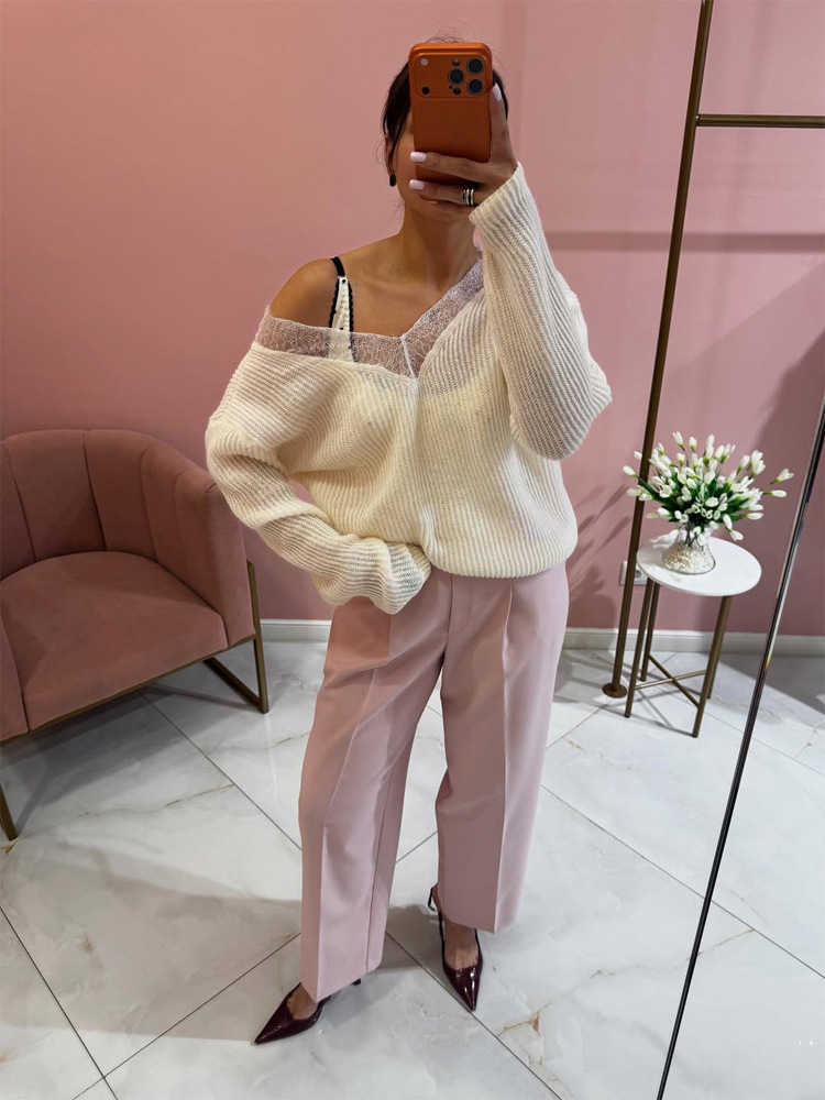 Corea del Sur la sensación de diseño de estilo relajado encaje empalme suéter de hombro abierto para mujeres otoño y invierno 2025 nuevo estilo transfronterizo de Europa y América