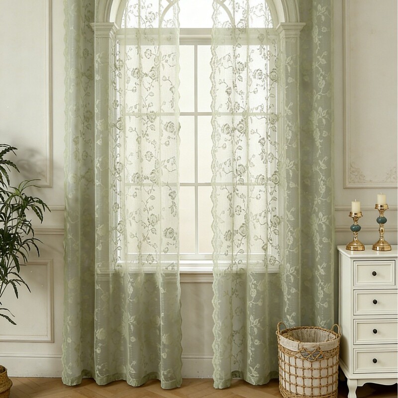 Cross-Border Rose Lace Wave Lace Perforated Rod-Punched Sheer Curtain for Living Room, Balcony, Bedroom, Blackout Window Curtain Finished Product Wholesale Cross-Border Rose Lace Wave Lace Perforated Rod-Punched Sheer Curtain for Living Room, Balcony, Bedroom, Blackout Window Curtain Finished Product Wholesale